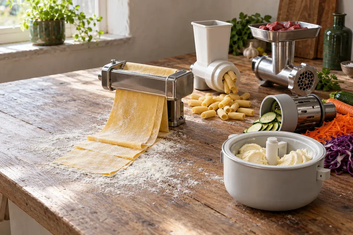 Tilbehør til kjøkkenmaskin på en melet benk: pastavals med lasagneplater, pastapresse med makaroni, kjøttkvern, grønnsakskutter og isbolle