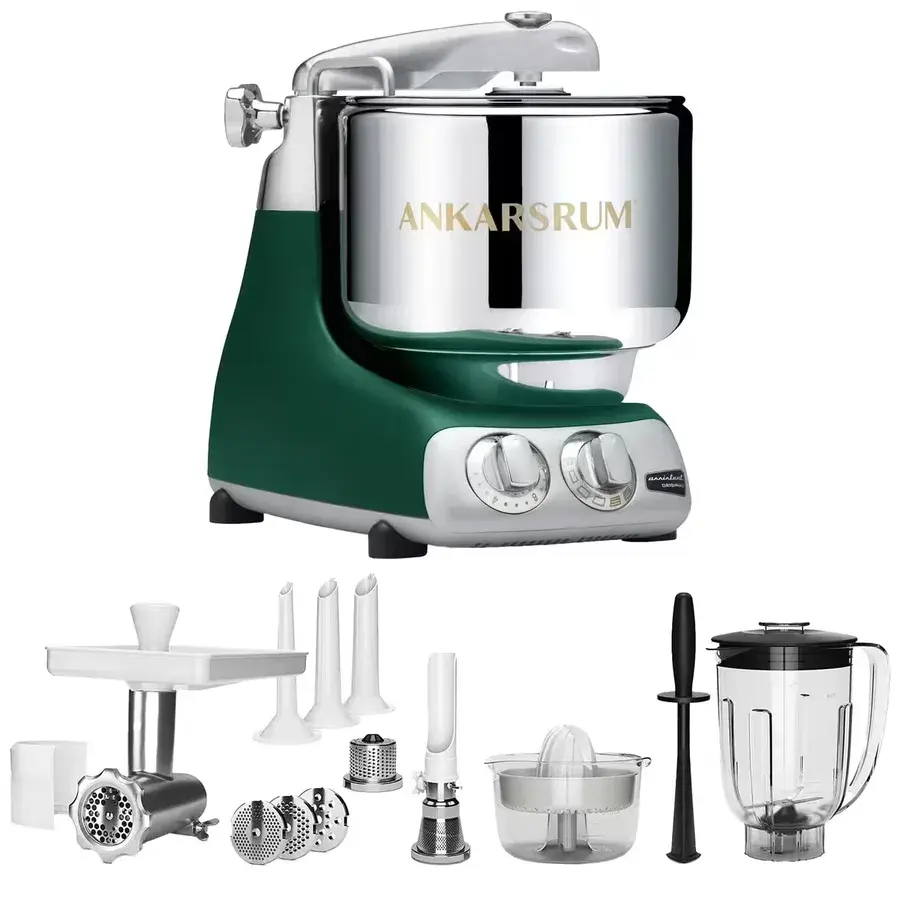 Ankarsrum Assistent AKM 6230 i mørkegrønn forest green med kjøttkvern, blender og sitruspresse