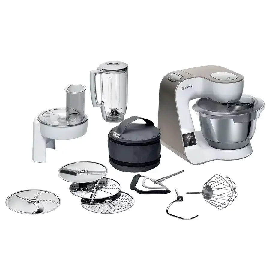 Bosch MUM5XW20 kjøkkenmaskin i hvitt og champagne med rustfri bolle, blender og riveskiver