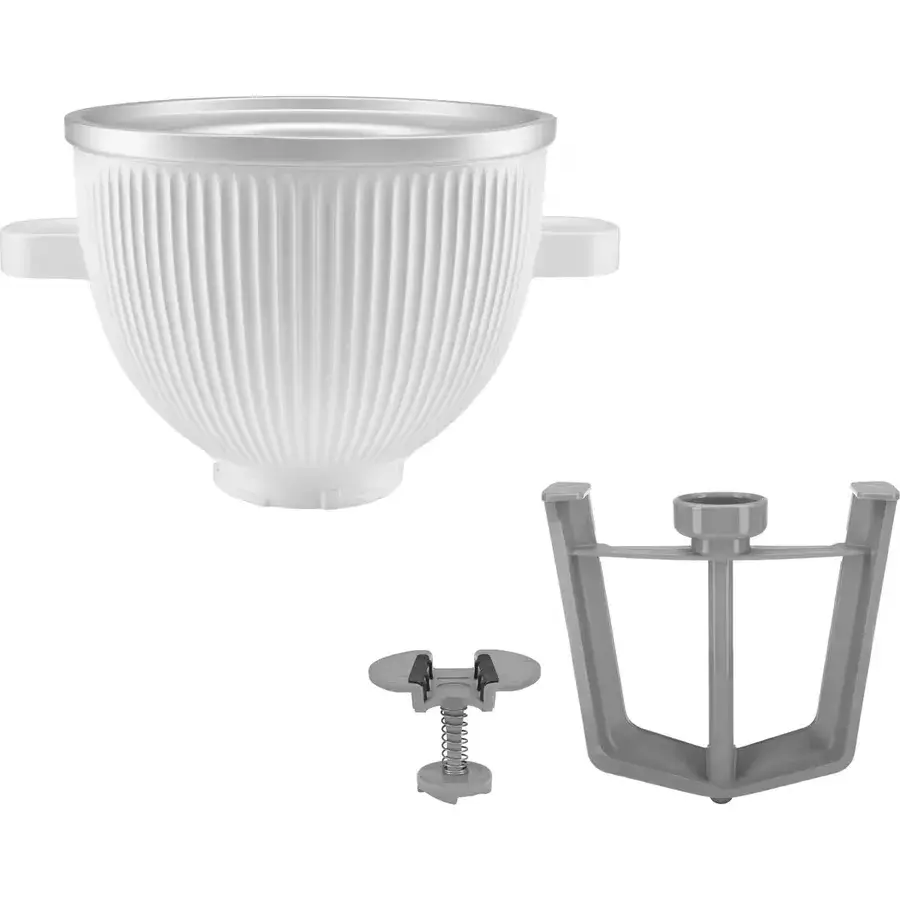 Hvit KitchenAid 5KSMICM isbolle med røreredskap, iskremtilbehør som festes på kjøkkenmaskinen