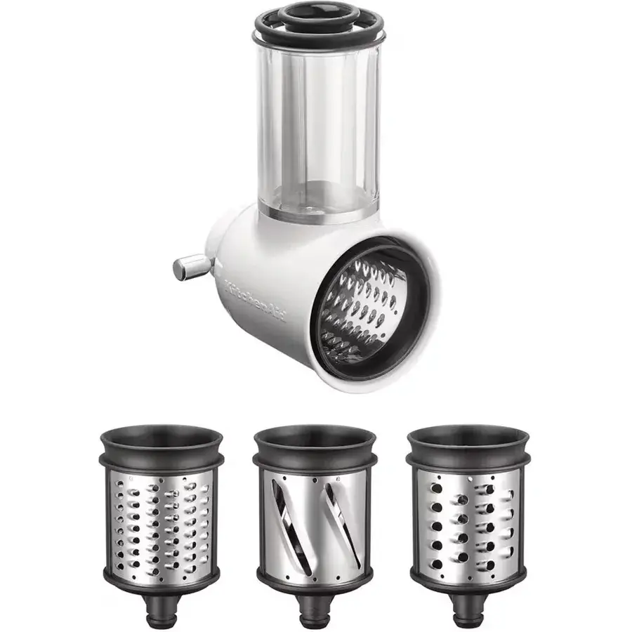 Hvit KitchenAid 5KSMVSA grønnsakskutter med tre utskiftbare rive- og skjæresylindre i stål